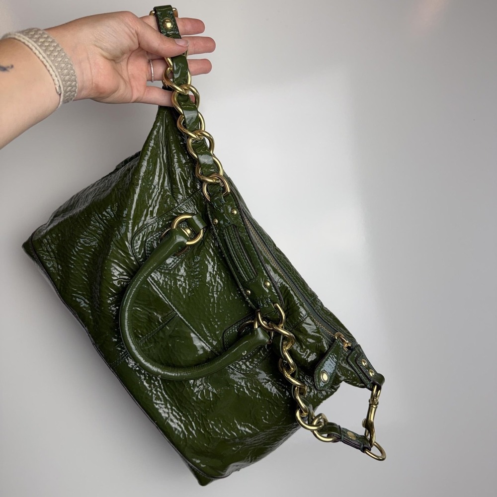 Coach Satchel Bag Womens Medium Green Patent Leather Chain Strap Gold Hardware - Picture 7 of 11